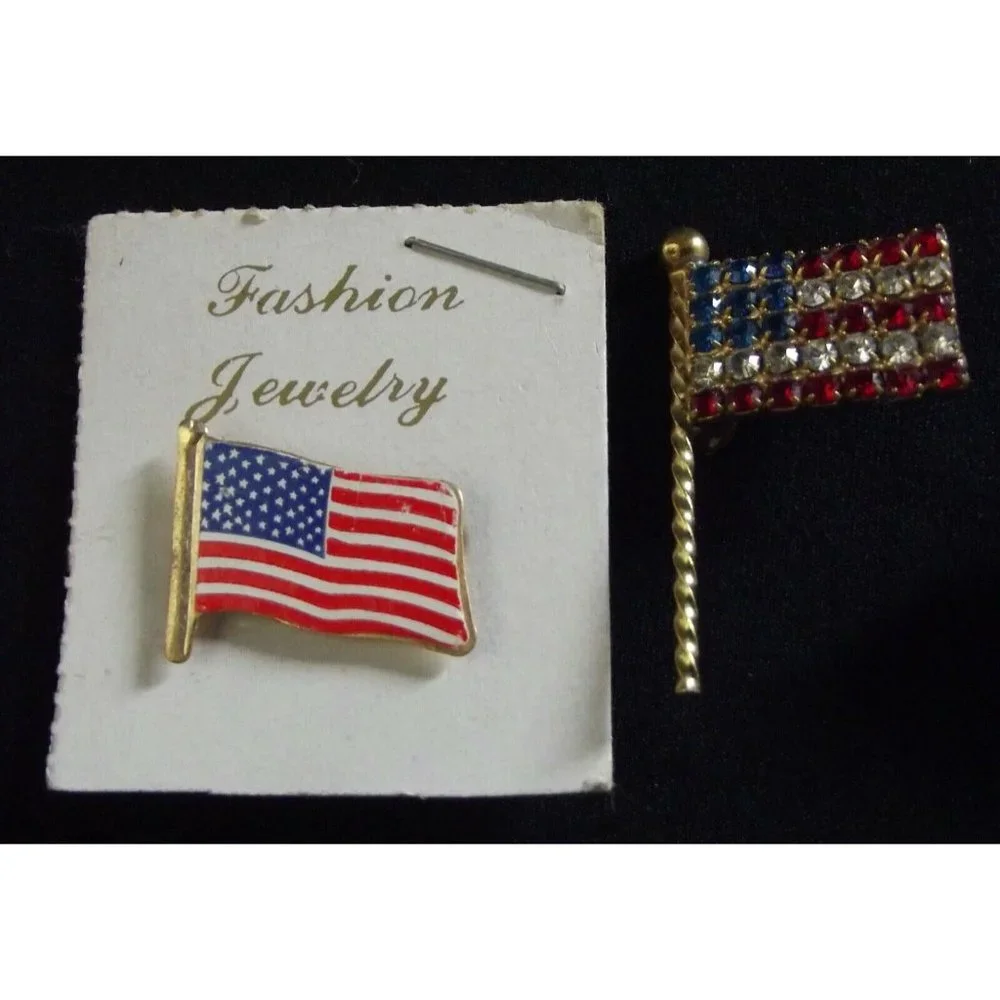 Pins Lot of Five(5)Patriotic American Flag rhinestone painted heart wood courage - Picture 3 of 6
